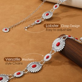 VONMELLI Western Belts for Woman Cowgirl Boho Concho Chain Waist Belt for Country Concert Dresses Jeans Red-Turquoise L