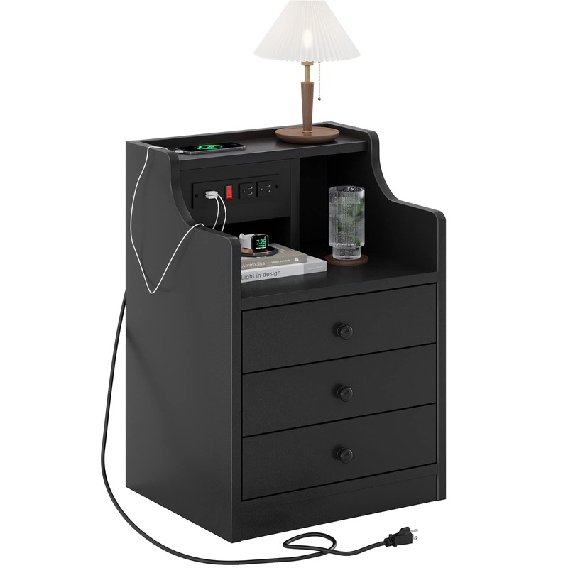 ADORNEVE Nightstand with Charging Station,Black Night Stand for Bedroom,End Table