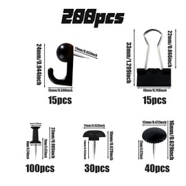 VAPKER Black Push Pins Set 200Pcs,Binder Clips,Hook Pushpin,Gear Marking Thumtacks,Heart Shape Tacks,Standard Push Pins Plastic Head with Steel Point for Office School