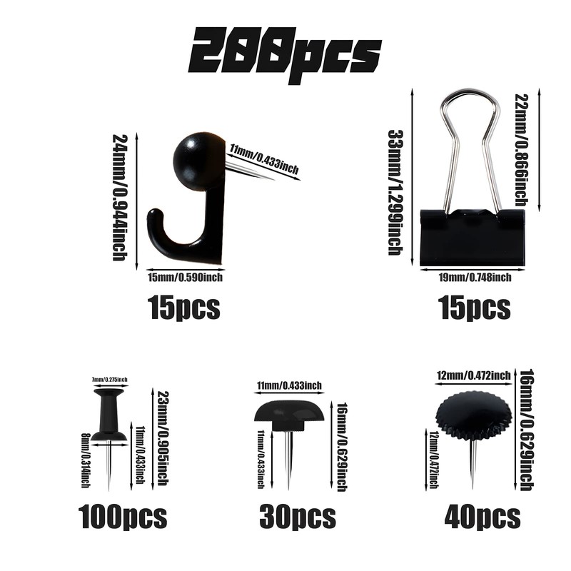 VAPKER Black Push Pins Set 200Pcs,Binder Clips,Hook Pushpin,Gear Marking Thumtacks,Heart