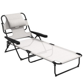 Outsunny Tanning Chaise Lounge Chair, 4-Position Beach Chair with Face & Arm Holes, Pillow headrest, Adjustable Sunbathing Chair, Cream White