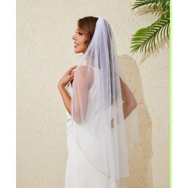 Grettytling Wedding Veil Pearls and Crystals Beaded Edge 1 Tier Soft Tulle Fingertip Length Bridal Veil with Comb, White, Medium