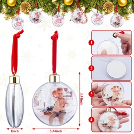 Hotop 12 Pcs Photo Ornament Ball Christmas Sublimation Blanks Photo Frame Ornaments Christmas Tree Hanging Photo Ball Decoration DIY Plastic Photo Baubles for Christmas Valentine's Day Decor