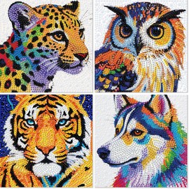 Libfx Diamond Art Kits for Kids 4 PCS Diamond Art for Girls Boys Beginners Arts and Crafts for Kids Ages 8-12 (Tiger Leopard owl Dog -07)