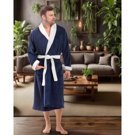 Alexander Del Rossa Mens Robe Plush, Mens Bath Robes for Men, Mens Robe Plush, Men's Bathrobes, Warm Fleece Robe Men Navy Blue with White 2XL (A0114NBW2X)
