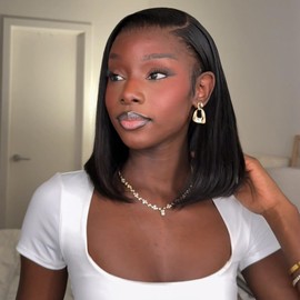 WOWANGEL 180% Density 5x5 Short Bob True Glueless SKINLIKE Real HD Lace Closure Wig, Seamless Wear and Go Wigs Pre Plucked Invisible Knots Natural Hairline Ready to Wear No Glue Wigs 14 Inch