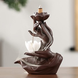 Waterfall Incense Holder, Waterfall Burner, Ceramic Waterfall Incense Holder, Cone Incense Burner, Buddha Hand Holding Lotus Incense Holder for Aromatherapy Decoration