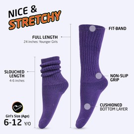 HOT FEET Girls Slouch Socks - 6 PK Tall Stacked Slouchy Socks, Warm Cotton Blend Long Calf Socks for Kids, Little Girls 6-8 Years, 2 Light Pink/2 Purple/ 2 White