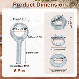 uxcell 5 Pack M12 Galvanized Carbon Steel Eye Bolts, 1/2" x 1.97" Lifting Ring Eye Bolt with Nuts and Washers Heavy Duty Screw Eye Bolts Kit for Tie Down Straps Indoors Outdoors, Silver