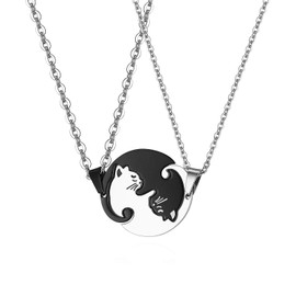 Cupimatch Couples’ Necklace Puzzle Cat Necklace Friendship Necklace for You and Him Set of 2 Black Silver, Stainless Steel
