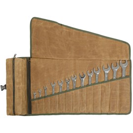 Tool Roll Organiser, Wrench Roll with 2 Pockets with Zip + Buckle Closure, 16 oz Waxed Canvas Tool Bag for Keys Set, Chisel Screwdriver, Khaki, 66 x 32 cm