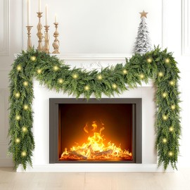 6FT Christmas Cedar Garland with Lights, Realistic Soft Faux Cedar Garlands,Thickness Pine Garland for Home Fireplace Mantle Table