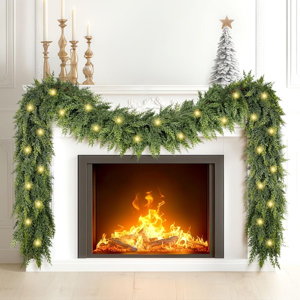 6FT Christmas Cedar Garland with Lights, Realistic Soft Faux Cedar