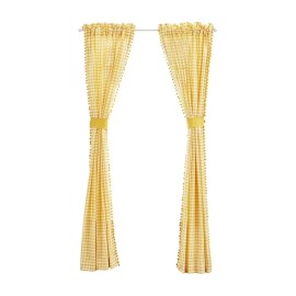 Pioneer Woman Yellow Gingham Pompom Trim Curtains 2 Panels & Tiebacks 40"x84"