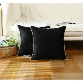 LIGICKY Set of 2 White Velvet Throw Pillow Covers Modern Minimalist Style Solid Decorative Black Rope Edging Soft Square Cushion Cases for Sofa Bedroom Party Décor, 12 x 12 inch