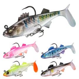 5PCS Pre-Rigged Soft Fishing Lures, Paddle Tail Swimbaits with Jig Head for Bass, Trout, Crappie, Ideal for Saltwater & Freshwater Fishing, Perfect Fishing Gift for Men(3.3", 0.75 oz)
