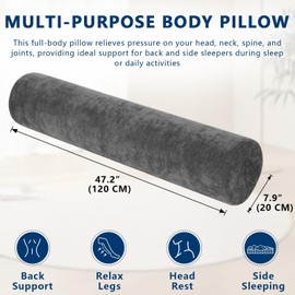 M Mute Touch Cylindrical Bolster Pillow Long Body Pillow Side Sleeper Support Firm Bolster Pillow Removable Washable Cover (47"x7.9", Dark Grey)