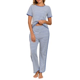 Donnalla Pajamas for Women Set Cotton 2 Piece Stripe Pj Sets Short Sleeve Lounge Pajama Set 2025 Fall Winter Loungewear Sleepwear with Pockets Blue