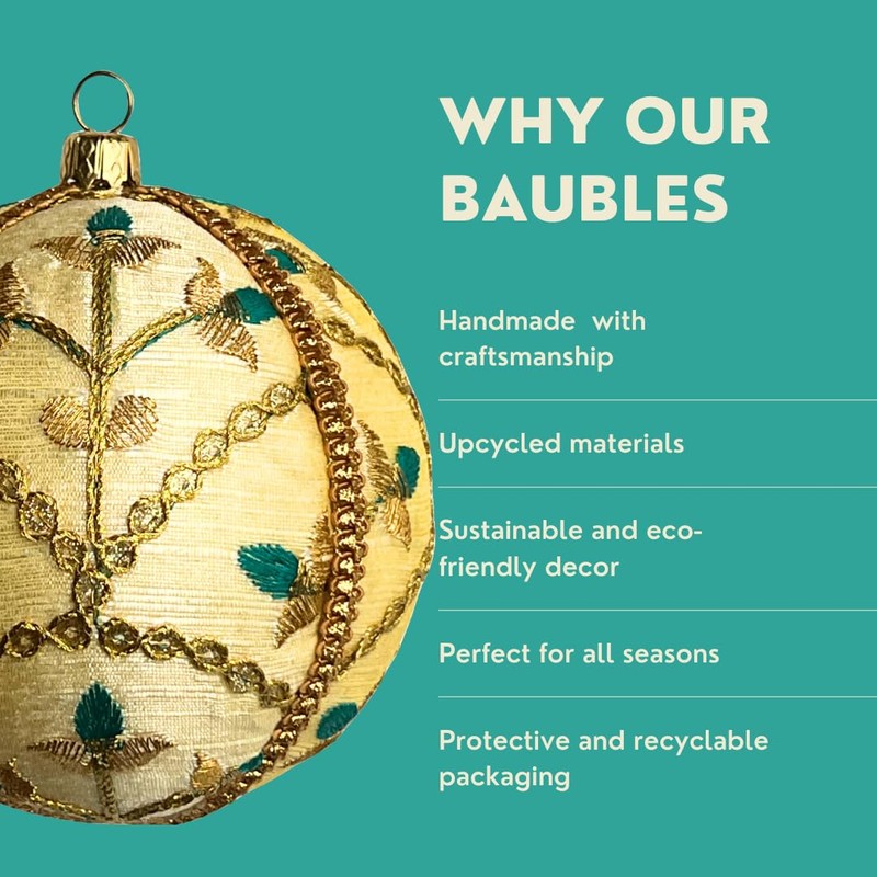 Lalit 10cm Beige Bauble with Gold Embroidery & Teal Accents