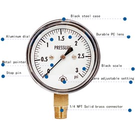 JIVTO 0-3 Psi Low Capsule Pressure Gauge,2-1/2" Dial,1/4" NPT Lower Mount,Zero Adjustment,for Air Gas Water Regulator Pressure Test