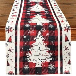 Buffalo Plaid Christmas Tree Christmas Table Runner, Red Winter Holiday Kitchen Dining Christmas Table Decoration for Indoor Outdoor Home Party Decor 13x72 Inch (Christmas Tree)