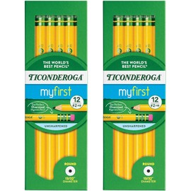 Ticonderoga Pack of 2 Beginners' Elementary Pencils, With Eraser, 2 Lead, Yellow Barrel, Pack Of 12