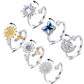 Honsny Fidget Rings for Women Girls, Spinner Fidget Ring for Anxiety Adjustable Anxiety Relief Ring Set, Sunflower Butterfly Bee Star Moon Stress Relief Spinning Rings for Adults
