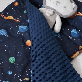 PHF Toddler Nap Mat with Removable Pillow and Minky Fleece Blanket, Rollup Design Warm Slumber Bags for Boys, 50"x20"x2" Kids Sleeping Bag for Daycare Preschool Travel Camping, Space