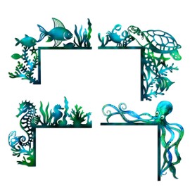 Pigort 4 Pcs Ocean Door Frame Decoration Set – Metal Octopus, Sea Turtle, Seahorse & Starfish Wall Art – Beach Themed Corner Signs for Door, Window, Bathroom, Home, Office (Indoor & Outdoor)