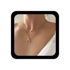 Allereya Boho Moon Pendant Necklace Pearl Choker Chain Gold Crescent Moon Necklace Double Layer Necklace Chain Jewellery for Women and Girls