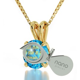 Nano Jewelry Gold Plated Buddhist Necklace Inscribed with The 'Diamond Sutra' Verse in 24k Gold on Blue Crystal Spiritual Pendant for Women, 18" Chain
