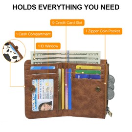 GOIACII Wallet Women Small RFID Billfold Leather Credit Card Holder with Zipper Coin Pocket