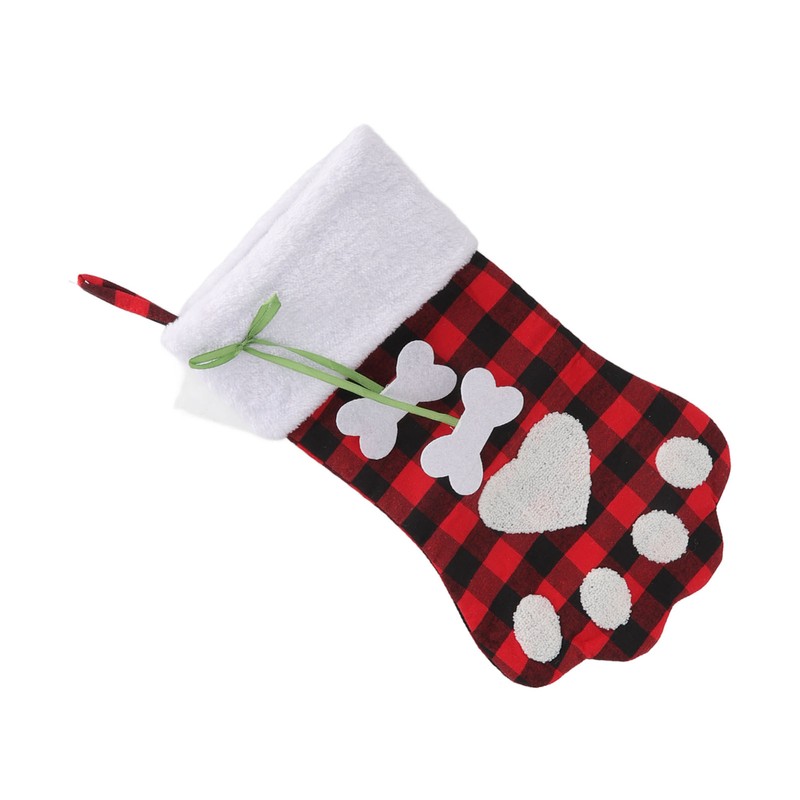 Christmas Stocking Dog Paw Shape Plaid Decorative Gift Bag Christmas