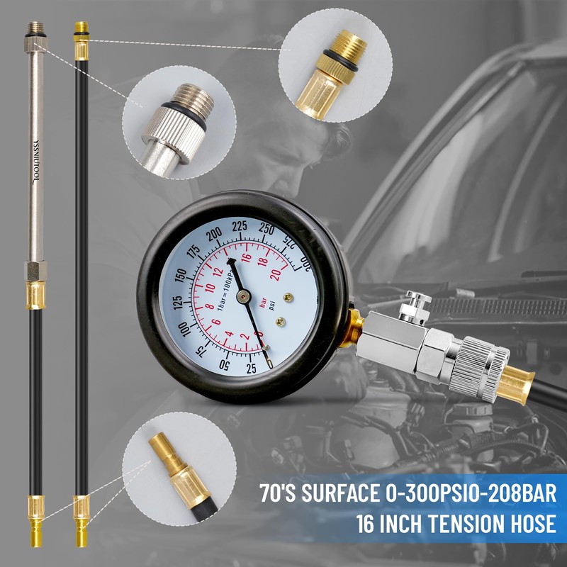 11PC Compression Tester, Automotive Engine Compression Tester Adapter Kit, Engine