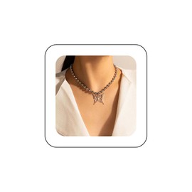 Inilbran Boho Butterfly Pendant Necklace Silver Hollow Butterfly Choker Necklace Large Butterfly Necklace Choker Vintage Pearl Chain Necklace Jewellery for Women and Girls