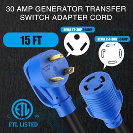 Kanayu 15 FT 30 Amp Generator Cord and Pre-Drilled Power Inlet Box Compatible with NEMA TT-30P to L14-30R, 3 Prong to 4 Prong Generator Plug Adapter, RV to House Inlet Box, STW 10 AWG, ETL Listed