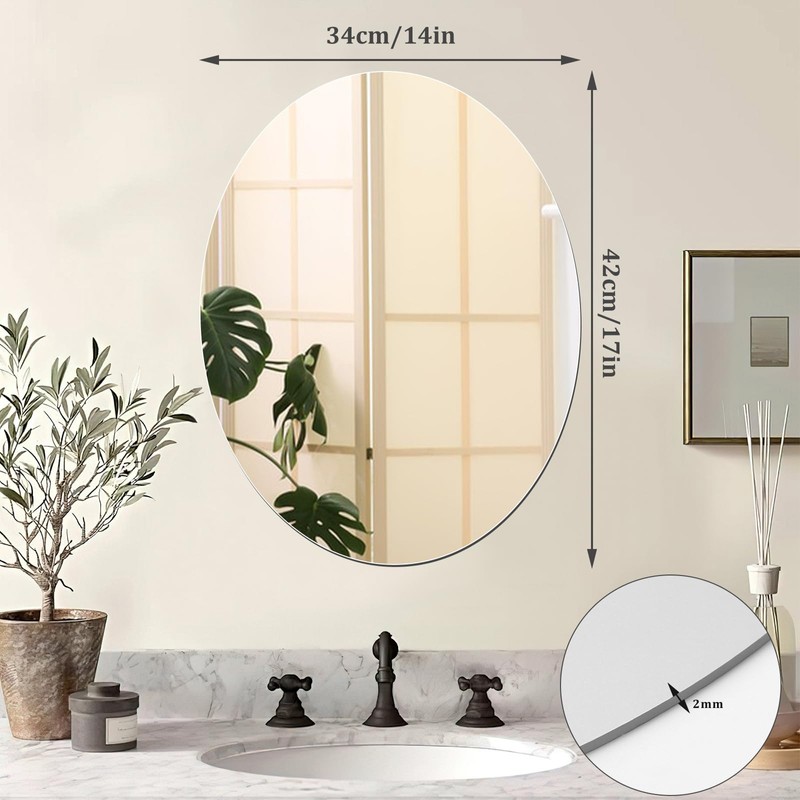 JUNEBRUSHS Oval Mirror, Acrylic Oval Bathroom Mirrors Unbreakable Frameless Wall-Mounted