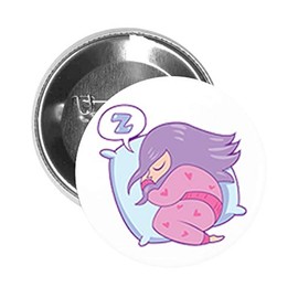 Round Pinback Button Pin Brooch Sleepy Little Girl on Pillow in Pink Pajamas and Purple Hair (1.5" Inch)