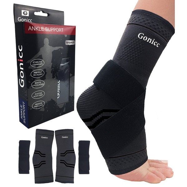 gonicc Professional Foot Sleeve Pair(2 Pcs) with Compression Wrap Support(Middle, Black), Breathable, Stabiling Ligaments, Prevent Re-injury, Ankle Brace, Volleyball Protective Gear Ankle Guards