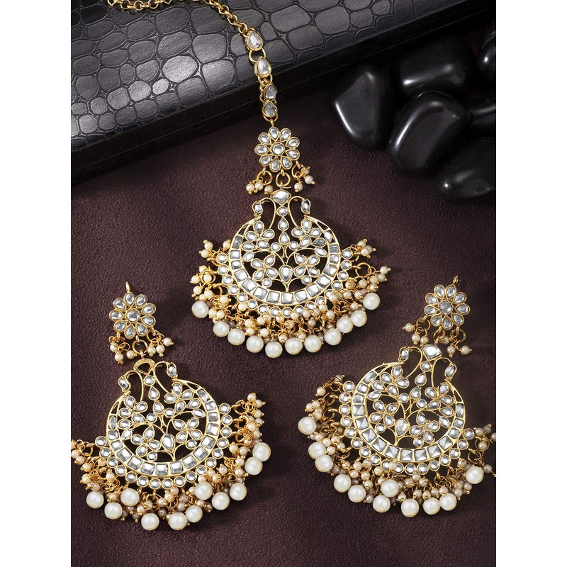 Aheli Indian Wedding Kundan Pearl Maang Tikka con pendiente Set