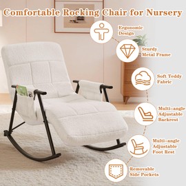 VECELO High Back Nursery Rocking Chair with Foot Rest, Teddy Upholstered Reclining Glider Rocker, Comfy Armchair Padded Seat Removable Side Pockets for Living Room, Bedroom, Balcony, White