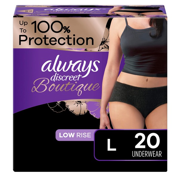 Always Discreet Boutique Adult Incontinence & Postpartum Underwear For Women, Low-Rise, Size Large, Black, Maximum Absorbency, Disposable, 20 Count (Packaging May Vary)