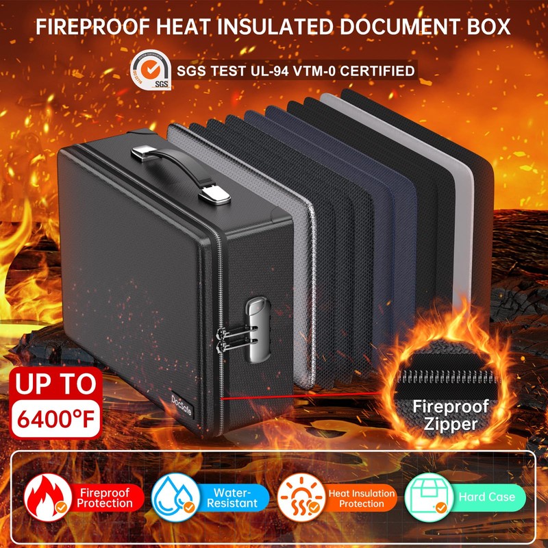 DocSafe 6400°F Fireproof Document Box with Lock,Heat Insulated Fireproof Water