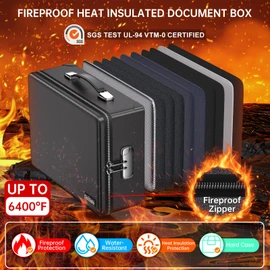 DocSafe 6400°F Fireproof Document Box with Lock,Heat Insulated Fireproof Water Resistant 10 Layers Hard Case Safe Box with Zipper＆Multi Pockets,Protects Personal Items,Documents,Laptop,Passport,Black
