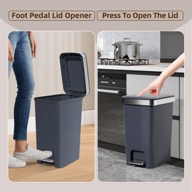 Rectangular Kitchen Step Trash Can with Soft-Close Lid, Gray Plastic Slim Trash Can with Foot Pedal – Waste Baskets with Lids 4 Gallons, Step-On Trash Can for Bathroom, Small Trash Can with Lids