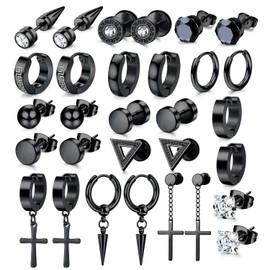 JeweBella 15Pairs Mens Earrings Stainless Steel Silver Black Stud Earrings Zirconia Earrings Set Hoop Earrings Cross Dangle Hoop Earrings Hypoallergenic Piercing Cartilage Earrings for Men Women