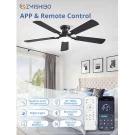 ZMISHIBO 52 Inch RGB Ceiling Fan with Light, App&Remote Control, Flush Mount Low Profile, Dimmable 20W LED Light, Quiet Reversible Motor for Bedroom, Living Room, Apartment, Black