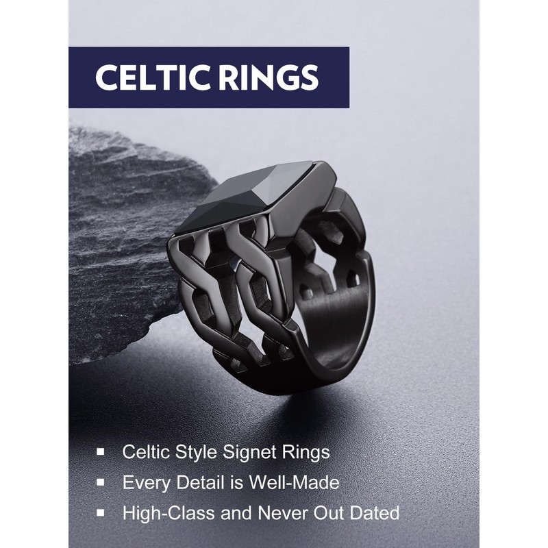 Bandmax Gemstone Signet Rings for Men Black Onyx Statement Ring