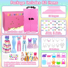 BNUZEIYI 82PCS Doll Clothes and Accessories with Doll Closet for 11.5 Inch Doll - Fashion Design Doll Set Including Wedding Dress Fashion Dresses Outfits Tops and Pants Hangers Bags for Girls
