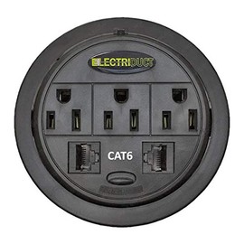 Power Tap Grommet with Hidden Power Center w/ 3 Power & 2 CAT6 - Black (Pack of 2)